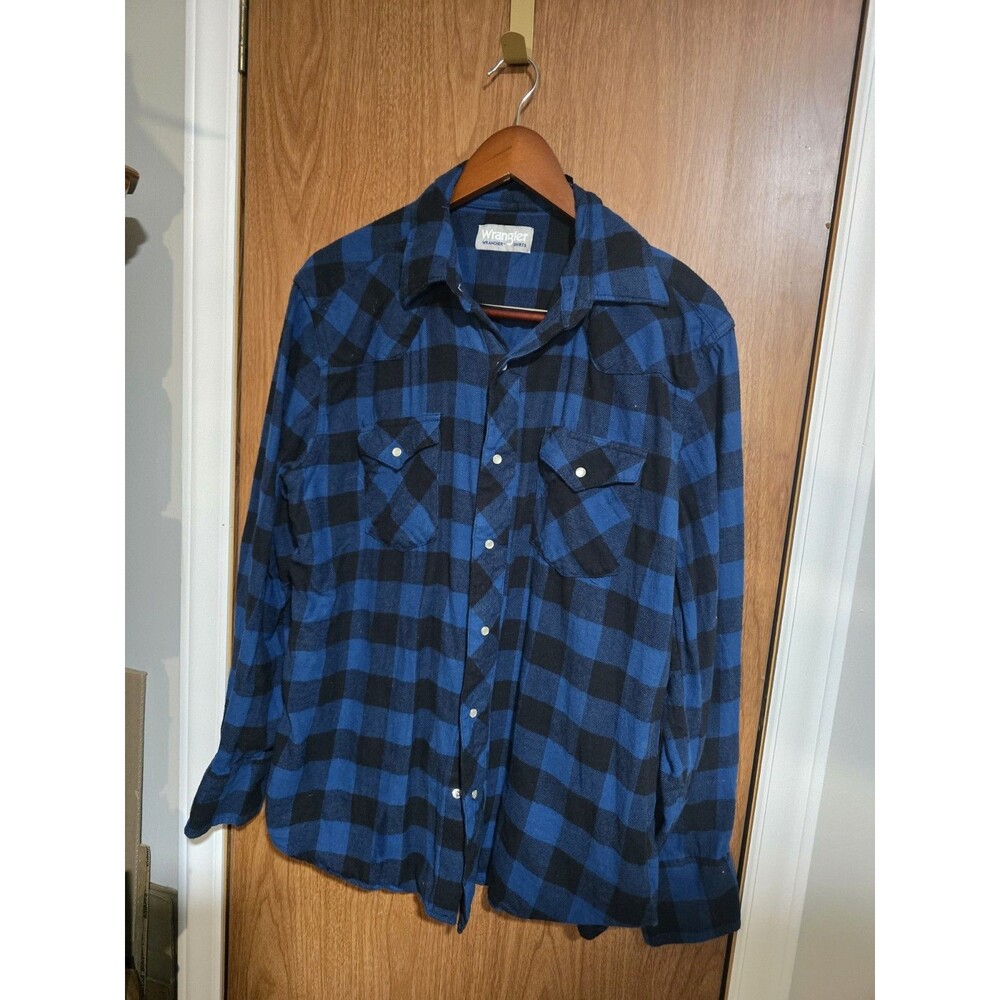 Wrangler Men's Size L Blue Black Buffalo Plaid Pearl Snap Western Flannel Shirt
